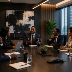 Corporate team meeting on leadership alignment in a modern boardroom